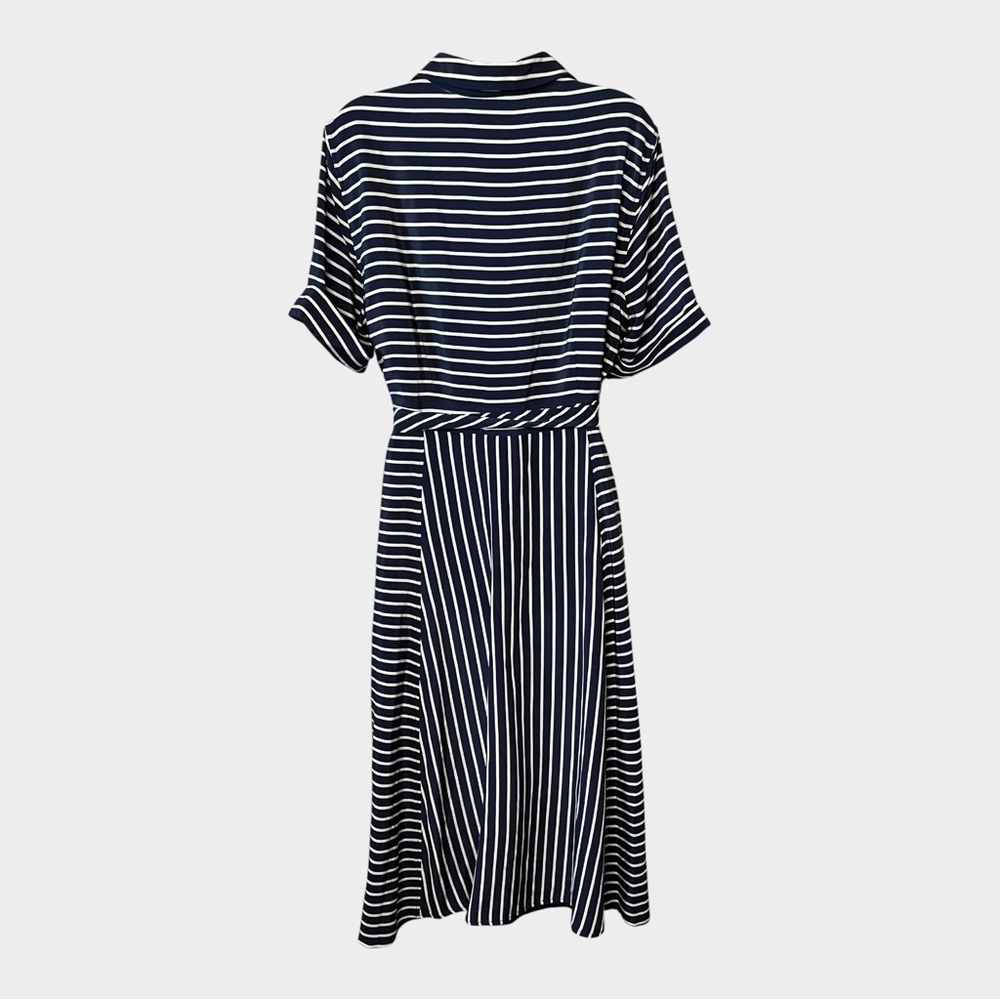 J.CREW Navy & White Striped Short Sleeve Shirt Dress Tie Waist Midi Size 16 Silk - Picture 4 of 7